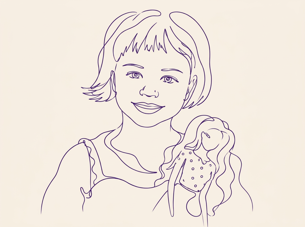 Purple line drawing of a smiling girl holding her doll