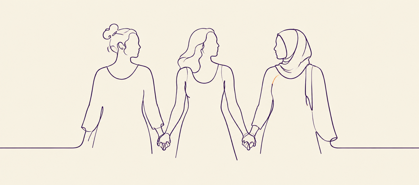 Line drawing of three women standing together holding hands